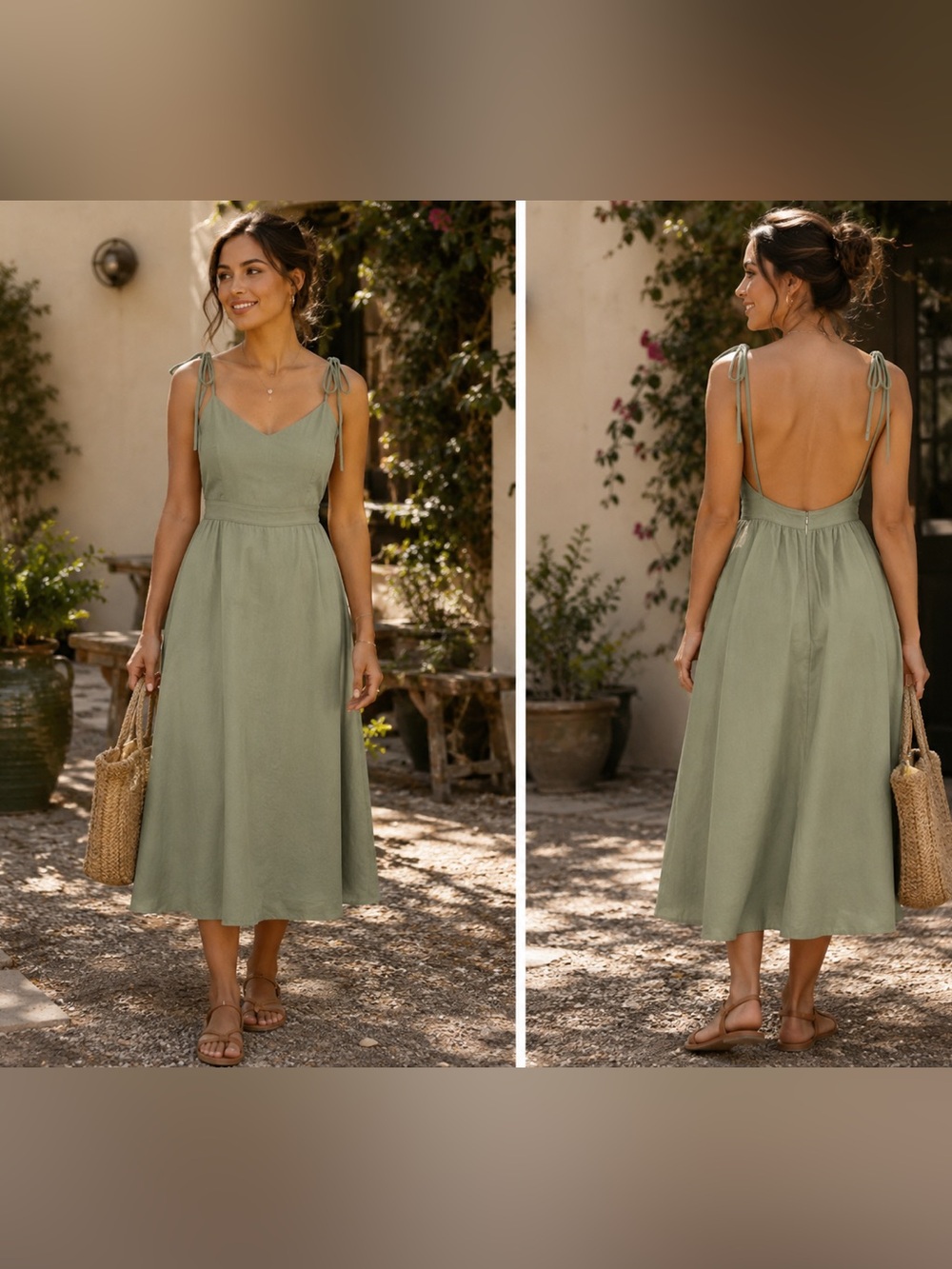 Tie-Strap Midi cotton Sundress in Sage Green